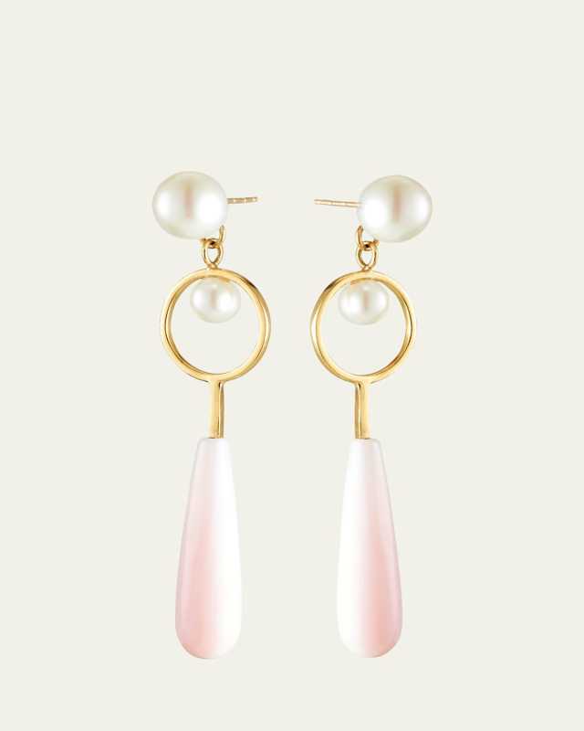 18K Yellow Gold Freshwater Pearl and Pink Conch Shell Drop Earrings